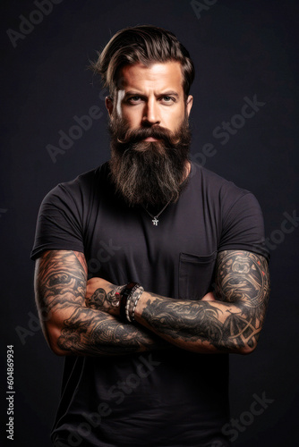 In a simple studio setup, a charismatic hipster bearded man radiates raw strength and confidence. With a striking tattoo adorning his arm, he exudes a magnetic allure. Generative AI