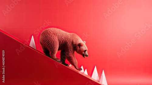 Bear climb down on red inclined plane in stock market