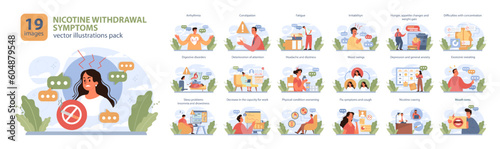 Nicotine withdrawal symptoms set. Common effects on character