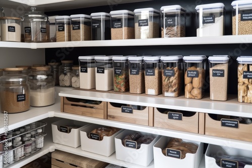 pantry with clear bins and labels for easy food organization, created with generative ai
