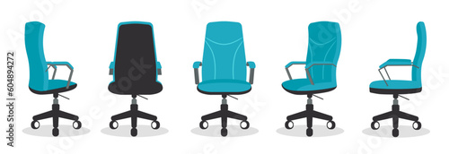 Office chair or desk chair in various points of view. Vector illustration.