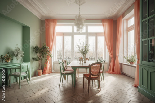 Modern cozy kitchen, classic interior design with light coral, green and white colors. Super photo realistic background, generative ai illustration