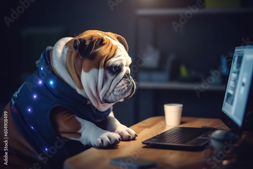 English bulldog dog sits at the computer. dog programmer or hacker. generative ai
