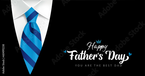 Happy Fathers Day, You are the best Dad handwritten with mens suit and blue striped necktie. Father's Day banner with calligraphy on black costume background. Vector illustration