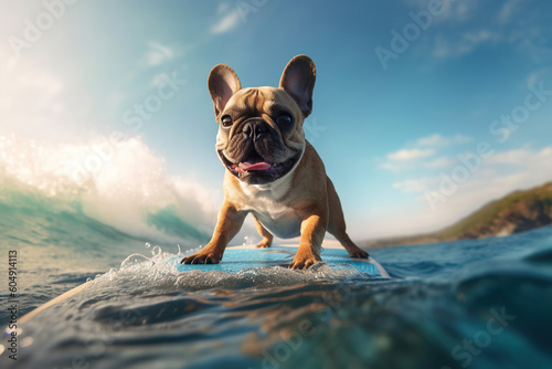 Image of a French bulldog surfing on a pink surfboard at the beach on a sunny day.