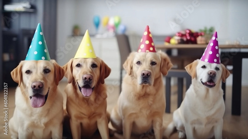 Several funny golden retrievers celebrating birthday wearing birthday caps, in living room of modern interior. AI generative 