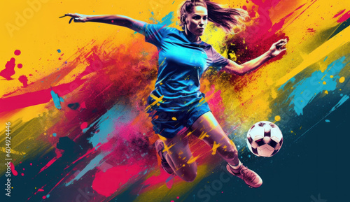 Dynamic FIFA Women's World Cup illustration with a jumping female player and vibrant paint splashes. Generative AI