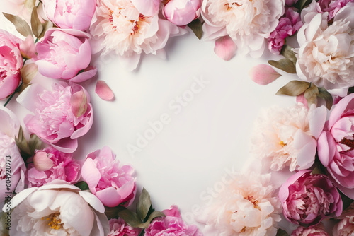 Top view of white and pink peony flowers forming border. Generative AI illustration
