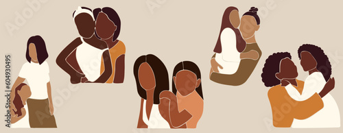 Set of mothers with children for mother's day. Mother's care. Faceless vector illustration. EPS 10 