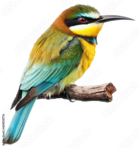 A colorful bee-eater bird sitting on a branch isolated on white background as transparent PNG, generative AI animal
