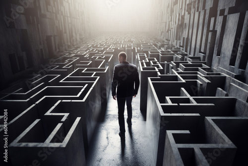 Business Disruption: An unrecognizable man navigating through a maze of obstacles