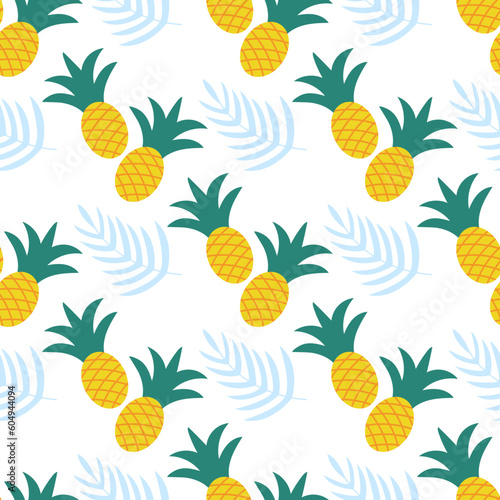 Pineapple and palm branch seamless pattern. Summer tropical background. Exotic fruit print for textile, packaging, paper and design, vector illustration