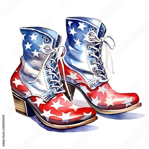 4th of July Cowboy Boots, Western Boots, Patriotic, Watercolor Clipart, made with generative AI 