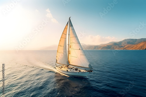 Sailboat in the sea under sunlight, luxury summer adventure, outdoor activities at sea. Sailboat sailing on ocean