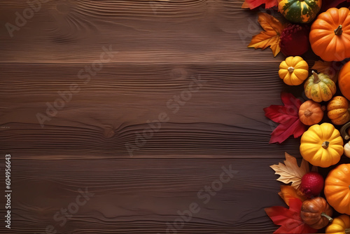 Fall background for Thanksgiving with pumpkins and fall leaves on a wooden table, generative AI