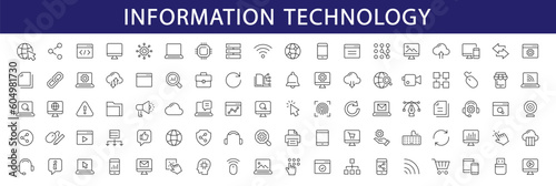 Information technology thin line icons set. Information Technology - IT editable stroke icon collection. Programming, Network, Website, Process, Internet, Data, Technology symbol. Vector