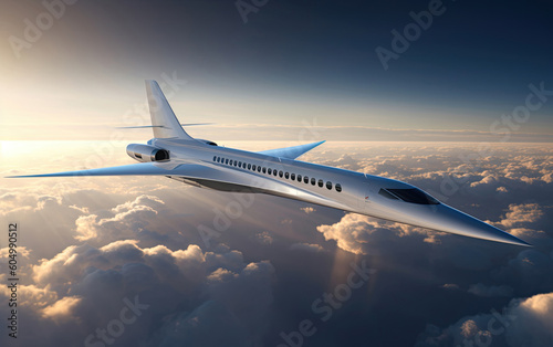 Supersonic commercial airliner jet flying at high altitude and mach speeds above the clouds. Generative AI