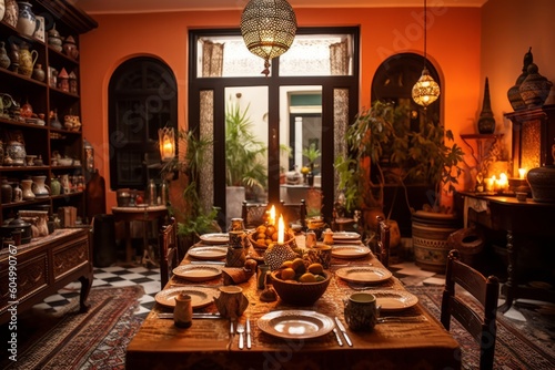 Moroccan Riad's dining area, with a beautifully set table adorned with Moroccan ceramics and traditional tableware, presenting an elegant and culturally rich dining experience. Generative Ai
