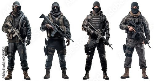 set image of black ops soldier with balaclava covered face and full equipment with rifle on transparent background. army, military people concept 