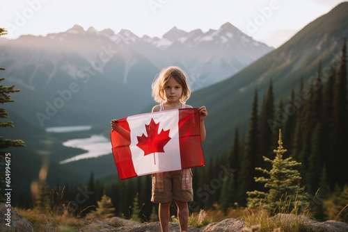 Child holding the canada flag in the mountains for canada day. Generative Ai