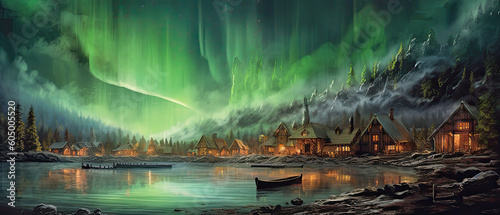 viking village by water, generative ai illustration