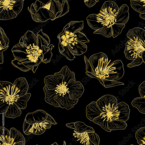 Seamless pattern with golden color spring flowers. Vector illustration.