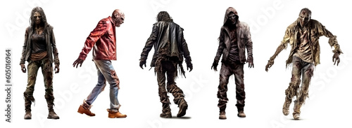 Set of zombie man isolated on white background. 3D rendering. Full view. various angles. man and woman. flesh eaters. Torn clothes. tattered and ripped.