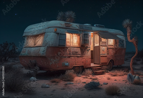 Old caravan in the desert wilderness. Obó, overnight accommodation, simple apartment. Freedom and independence concept. Ai generative