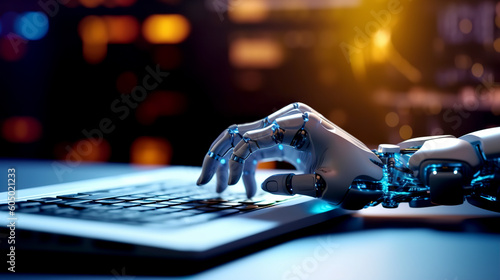 Robot hand typing on the computer. The concept of artificial intelligence replacing a human in dealing with another human. Ai generative