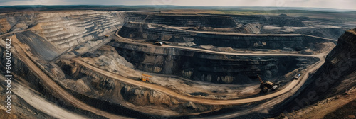 Coal Mine Aerial Panorama: Open Pit Mining, Extractive Industry, Coal Excavation, Heavy Machinery in Operation, Industrial Landscape, Resource Extraction, Mining Site from Above. generative ai