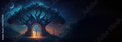 Sacred tree of life is a afterlife portal gate leading to divine mystery. Esoteric concept of old astral soul, karma and ancient incarnation. Generative AI.