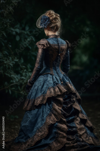Rear view of woman in victorian dress. Generative AI