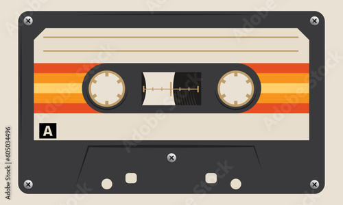 Retro musiccasette with retro colors eighties style, cassette tape, vector art image illustration, mix tape retro cassette design, Music vintage and audio theme, Synthwave and vaporwave template 