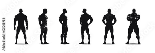 Set of black silhouettes of athlete bodybuilding isolated on white background, vector illustration