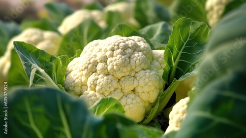 Cauliflower growing in vegetable garden. Generative AI.