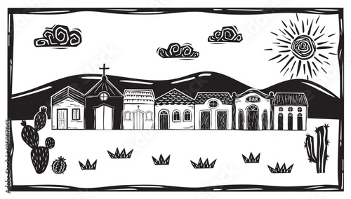 Village of simple houses and little church, sunny sky with clouds in the interior of Brazil. Vector woodcut, Cordel from the Brazilian Northeast