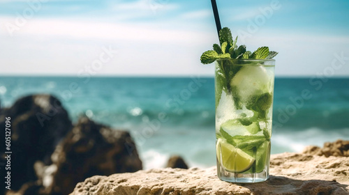 Fresh mojito coctail with rum, mint and lime on background of the sea, summer, AI generated 