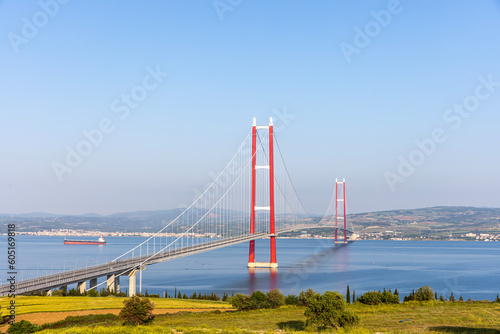 1915 Canakkale Bridge aerial view in Canakkale, Turkey. World's longest suspension bridge opened in Turkey. Turkish: 1915 Canakkale Koprusu. Bridge connect the Lapseki to the Gelibolu.