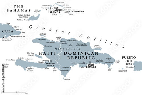 Hispaniola and surroundings, gray political map. Caribbean island divided into Haiti and Dominican Republic, part of Greater Antilles, next to Cuba, The Bahamas, Puerto Rico, Turks and Caicos Islands.