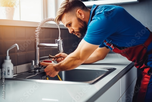 Young plumber at work in house. Professional plumbing repair service handyman doing maintenance work on sink. Generative AI