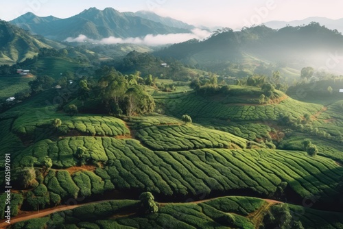 Wide aerial shot of a lush coffee plantation surrounded by rolling hills and misty mountains, capturing the scenic beauty and serenity of the location. Generative Ai