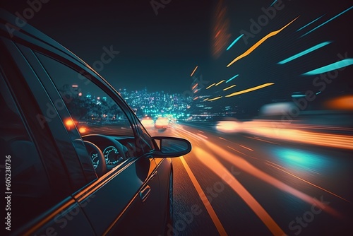 Car driving on city road, side view. Sports car, futuristic autonomous vehicle. HUD car. Generative AI
