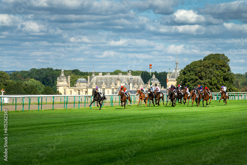 Horse race near the castle of Chantilly, France.