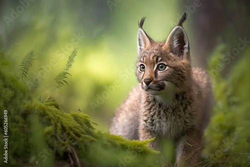 Baby lynx in spring green grass with flowers. Generative AI