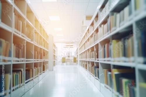 Abstract blurred public library interior space, blurry room with bookshelves by defocused effect