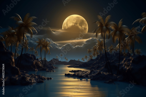 Abstract tropical island landscape. 3D modern art mural wallpaper with matte dark blue background. Dark landscape with palm trees, moon, mountains and ocean. Minimalistic style. Generative AI