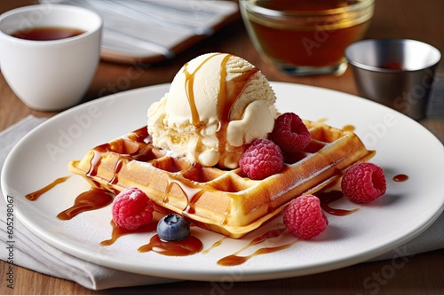 Sweet Indulgence. Freshly Baked ice cream Waffle with Delicious Toppings on Wooden Table.