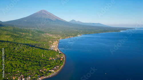 Aerial view of Amed. Amed is a 14-km strip of fishing villages in Karangasem Regency on the east coast of Bali, Indonesia. 