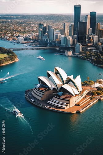 AI Generated. Captivating City View of Sydney, Australia Iconic Sydney Opera House, Majestic Harbour Bridge. Stylish Poster Design 