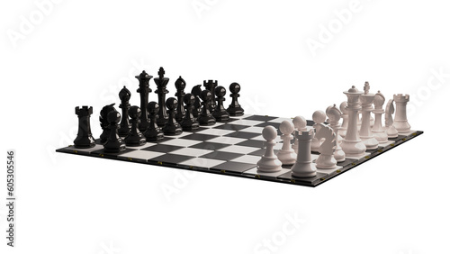 Chess pieces on the board in the starting position. Isolated. Transparent background. 3D Rendering. 